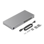 UBIQUITI Layer 2, PoE switch with (24) GbE RJ45 ports, including (16) 802.3at PoE+ ports, and (2) 1G SFP ports.