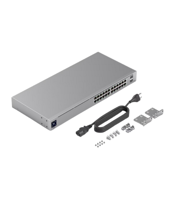 UBIQUITI Layer 2, PoE switch with (24) GbE RJ45 ports, including (16) 802.3at PoE+ ports, and (2) 1G SFP ports.
